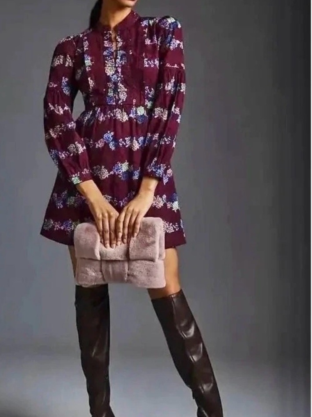 By Anthropologie Floral Long-Sleeve Mini Dress in Plum Size S